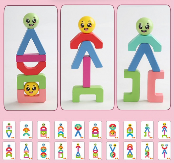 Blocuri creative de constructie si echilibru din lemn, Smiley Face, 11 piese, cartonase cu modele, multicolor, 3 ani +, EduJucarii [11]