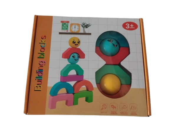 Blocuri creative de constructie si echilibru din lemn, Smiley Face, 11 piese, cartonase cu modele, multicolor, 3 ani +, EduJucarii [13]