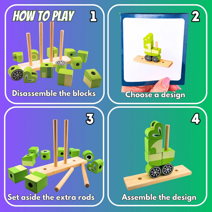 Blocuri creative de construit din lemn, broscuta, 12 piese, multicolor, 18 luni+, EduJucarii [3]