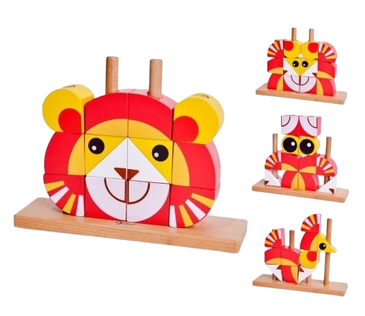 Blocuri creative de construit din lemn, Leu, 12 piese, multicolor, 18 luni+, EduJucarii [2]