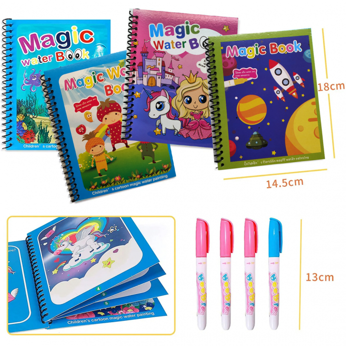 Carte de colorat cu apa, reutilizabila, 8 pagini, 4 imagini, Magic Water Book, Animale diverse [8]