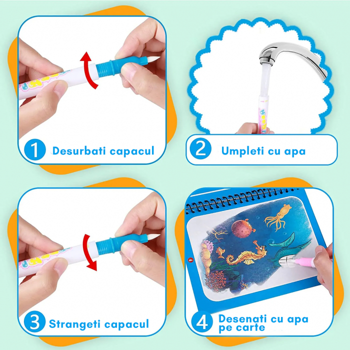 Carte de colorat cu apa, reutilizabila, 8 pagini, 4 imagini, Magic Water Book, Ocean [8]
