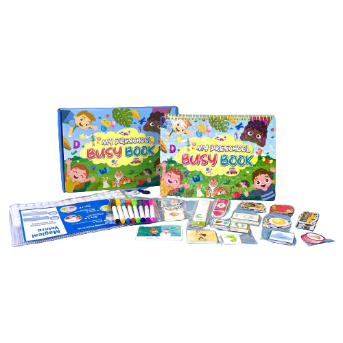 Carte interactiva si educativa pentru copii, My Preschool Busy Book 1, 32 pagini activitati multiple, stickere repozitionabile, Limba Engleza, 3 ani+, EduJucarii [4]