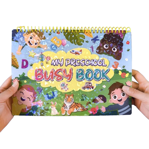 Carte interactiva si educativa pentru copii, My Preschool Busy Book 1, 32 pagini activitati multiple, stickere repozitionabile, Limba Engleza, 3 ani+, EduJucarii [13]