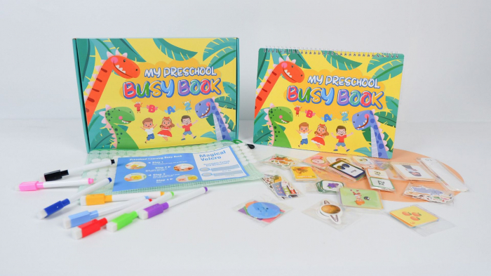 Carte interactiva si educativa pentru copii, My Preschool Busy Book 2, 32 pagini activitati multiple, stickere repozitionabile, Limba Engleza, 3 ani+, EduJucarii [8]