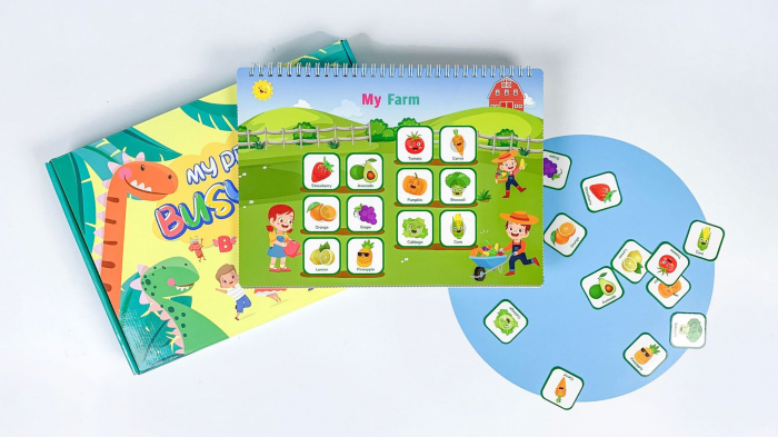 Carte interactiva si educativa pentru copii, My Preschool Busy Book 2, 32 pagini activitati multiple, stickere repozitionabile, Limba Engleza, 3 ani+, EduJucarii [10]