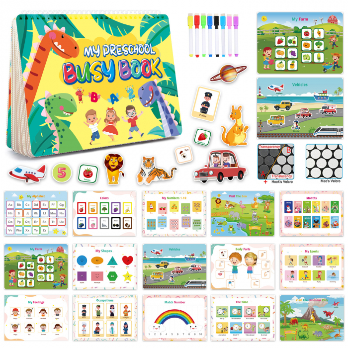 Carte interactiva si educativa pentru copii, My Preschool Busy Book 2, 32 pagini activitati multiple, stickere repozitionabile, Limba Engleza, 3 ani+, EduJucarii [1]