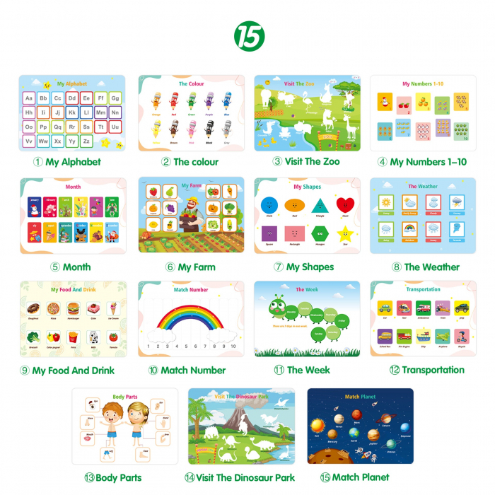 Carte interactiva si educativa pentru copii, My Preschool Busy Book 3, 31 pagini activitati multiple, stickere repozitionabile, Limba Engleza, 3 ani+, EduJucarii [2]