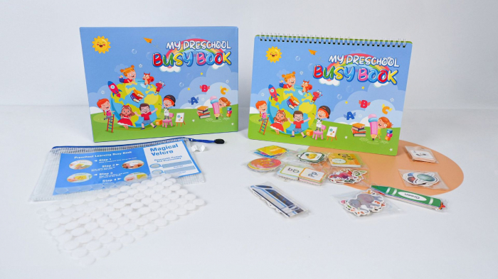 Carte interactiva si educativa pentru copii, My Preschool Busy Book 4, 23 pagini activitati multiple, stickere repozitionabile, Limba Engleza, 3 ani+, EduJucarii [4]