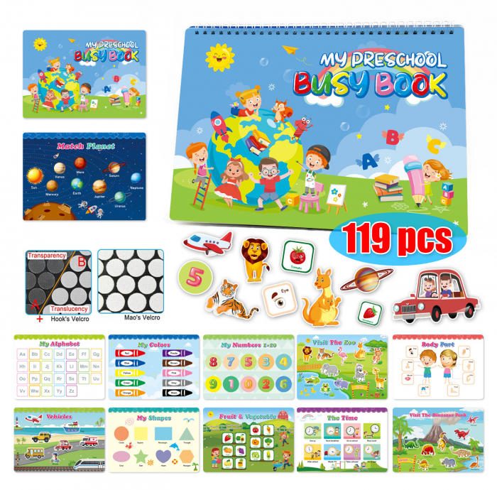 Carte interactiva si educativa pentru copii, My Preschool Busy Book 4, 23 pagini activitati multiple, stickere repozitionabile, Limba Engleza, 3 ani+, EduJucarii [1]
