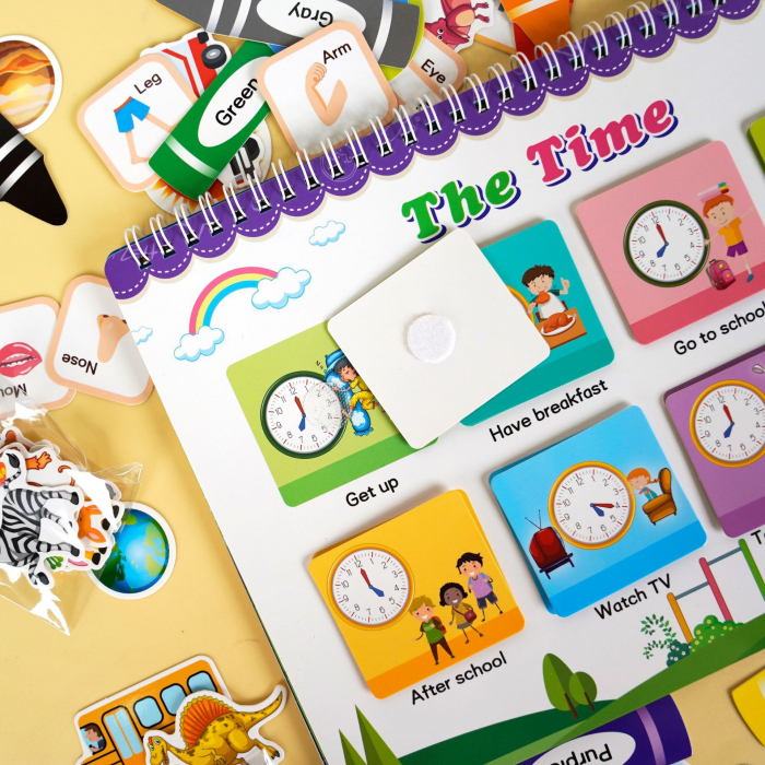 Carte interactiva si educativa pentru copii, My Preschool Busy Book 4, 23 pagini activitati multiple, stickere repozitionabile, Limba Engleza, 3 ani+, EduJucarii [7]