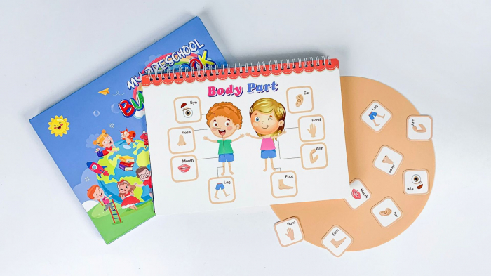 Carte interactiva si educativa pentru copii, My Preschool Busy Book 4, 23 pagini activitati multiple, stickere repozitionabile, Limba Engleza, 3 ani+, EduJucarii [8]