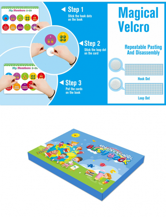 Carte interactiva si educativa pentru copii, My Preschool Busy Book 4, 23 pagini activitati multiple, stickere repozitionabile, Limba Engleza, 3 ani+, EduJucarii [9]