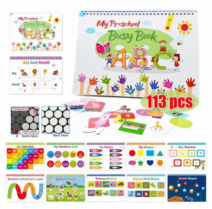 Carte interactiva si educativa pentru copii, My Preschool Busy Book 5, 11 pagini activitati multiple, stickere repozitionabile, Limba Engleza, 3 ani+, EduJucarii [1]