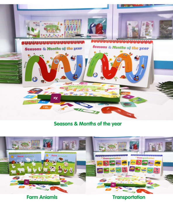 Carte interactiva si educativa pentru copii, My Preschool Busy Book 5, 11 pagini activitati multiple, stickere repozitionabile, Limba Engleza, 3 ani+, EduJucarii [7]