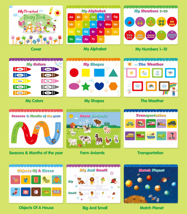 Carte interactiva si educativa pentru copii, My Preschool Busy Book 5, 11 pagini activitati multiple, stickere repozitionabile, Limba Engleza, 3 ani+, EduJucarii [2]