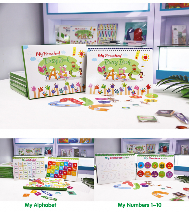 Carte interactiva si educativa pentru copii, My Preschool Busy Book 5, 11 pagini activitati multiple, stickere repozitionabile, Limba Engleza, 3 ani+, EduJucarii [4]