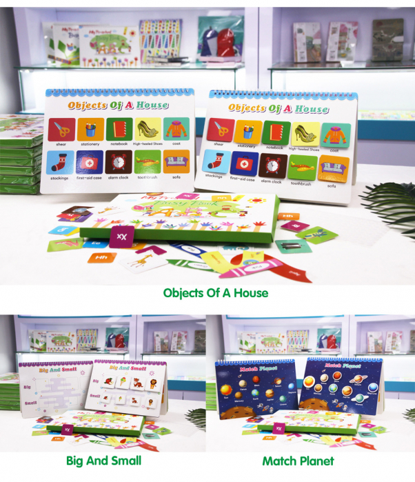 Carte interactiva si educativa pentru copii, My Preschool Busy Book 5, 11 pagini activitati multiple, stickere repozitionabile, Limba Engleza, 3 ani+, EduJucarii [6]