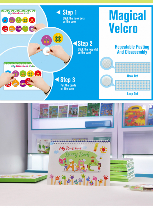 Carte interactiva si educativa pentru copii, My Preschool Busy Book 5, 11 pagini activitati multiple, stickere repozitionabile, Limba Engleza, 3 ani+, EduJucarii [3]