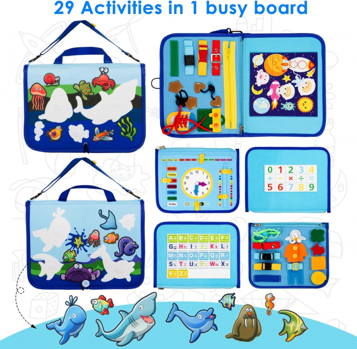 Carte Montessori din fetru, senzoriala, cu activitati, 6 pagini detasabile cu activitati, vietati marine detasabile, culori, litere, numere, operatii matematice, siretuit, 28 x 30 cm, 3 ani+, EduJucar [3]
