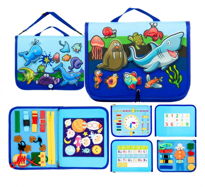Carte Montessori din fetru, senzoriala, cu activitati, 6 pagini detasabile cu activitati, vietati marine detasabile, culori, litere, numere, operatii matematice, siretuit, 28 x 30 cm, 3 ani+, EduJucar [4]