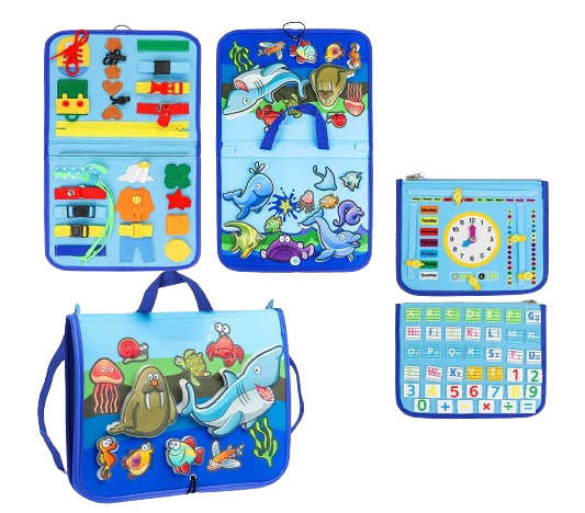 Carte Montessori din fetru, senzoriala, cu activitati, 6 pagini detasabile cu activitati, vietati marine detasabile, culori, litere, numere, operatii matematice, siretuit, 28 x 30 cm, 3 ani+, EduJucar [1]