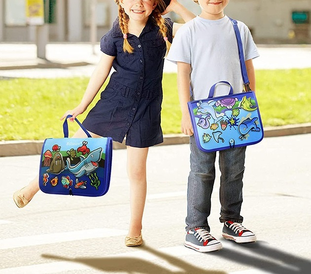 Carte Montessori din fetru, senzoriala, cu activitati, 6 pagini detasabile cu activitati, vietati marine detasabile, culori, litere, numere, operatii matematice, siretuit, 28 x 30 cm, 3 ani+, EduJucar [6]