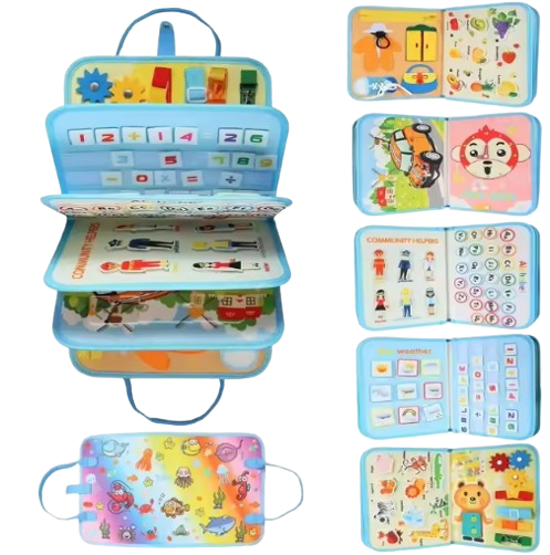 Carte Montessori din fetru, senzoriala, cu activitati, 10 pagini cu activitati, litere, cifre, fructe, animale, puzzle, siretuit, 28 x 20 cm, 3 ani+, EduJucarii [1]