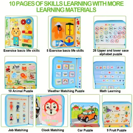 Carte Montessori din fetru, senzoriala, cu activitati, 10 pagini cu activitati, litere, cifre, fructe, animale, puzzle, siretuit, 28 x 20 cm, 3 ani+, EduJucarii [3]