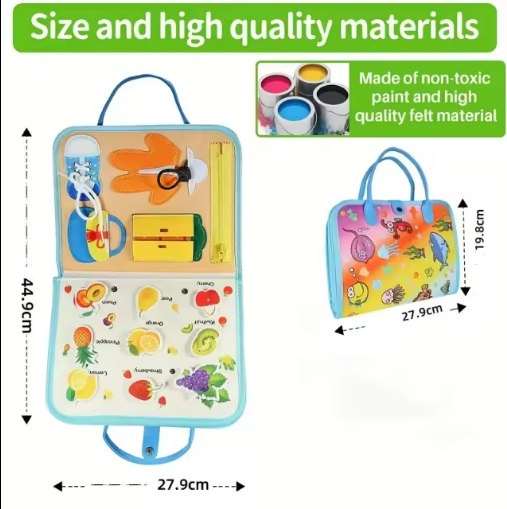 Carte Montessori din fetru, senzoriala, cu activitati, 10 pagini cu activitati, litere, cifre, fructe, animale, puzzle, siretuit, 28 x 20 cm, 3 ani+, EduJucarii [6]