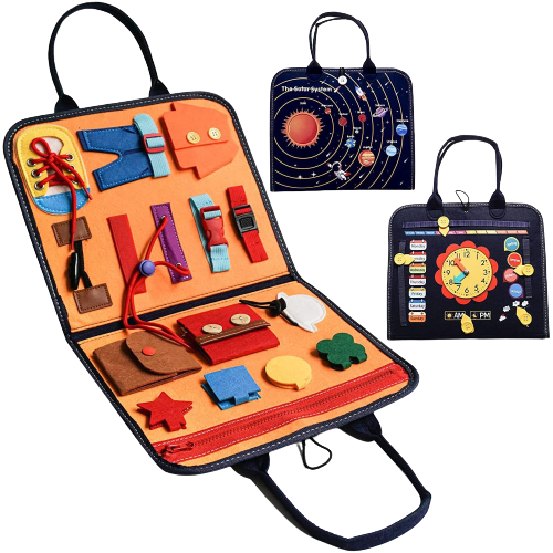 Carte Montessori din fetru, senzoriala, cu activitati, ceas si sistemul solar, 24x24 cm [1]