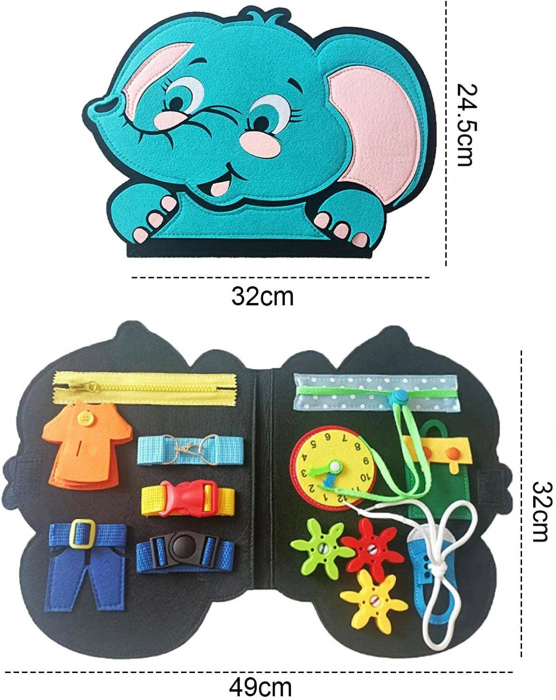 Carte Montessori din fetru, senzoriala, cu activitati, in forma de elefant, 23x25 cm [3]