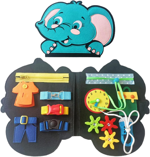 Carte Montessori din fetru, senzoriala, cu activitati, in forma de elefant, 23x25 cm [1]