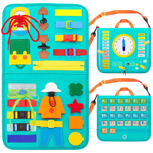 Cartea Montessori din fetru, senzorială, cu activități, culoarea turcoaz, și dimensiunile de 23x28 cm [1]