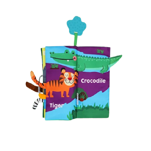 Carte senzoriala fosnitoare pentru bebelusi, cu animalute colorate colorate si inel din silicon pentru dentitie, Jungly Tails, 22 x 12.5 cm, Edujucarii [4]