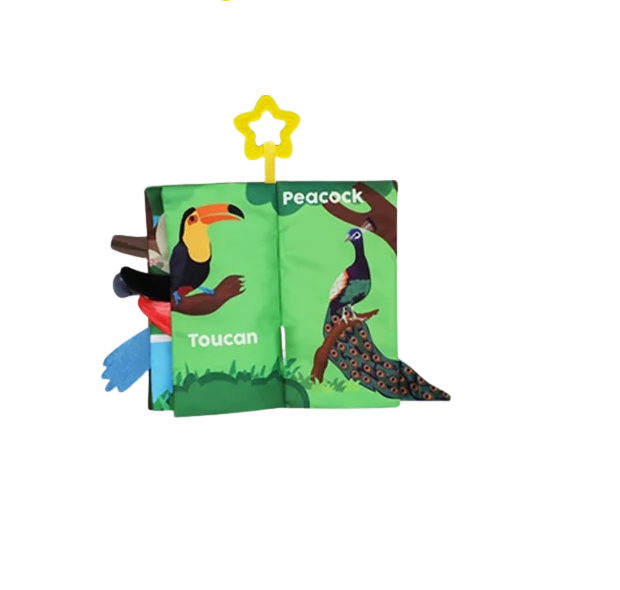 Carte senzoriala fosnitoare pentru bebelusi, cu animalute colorate colorate si inel din silicon pentru dentitie, Jungly Tails, 22 x 12.5 cm, Edujucarii [3]