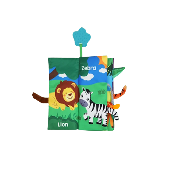 Carte senzoriala fosnitoare pentru bebelusi, cu animalute colorate colorate si inel din silicon pentru dentitie, Jungly Tails, 22 x 12.5 cm, Edujucarii [5]