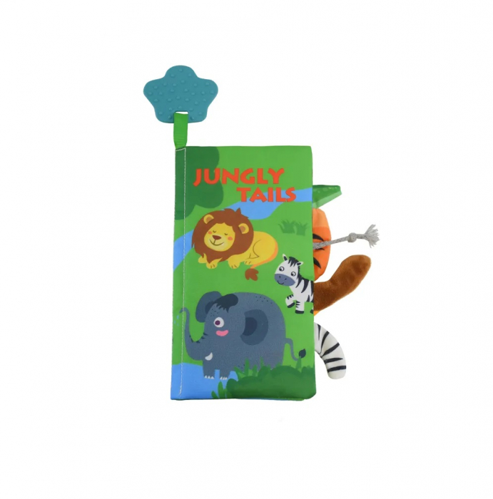 Carte senzoriala fosnitoare pentru bebelusi, cu animalute colorate colorate si inel din silicon pentru dentitie, Jungly Tails, 22 x 12.5 cm, Edujucarii [1]
