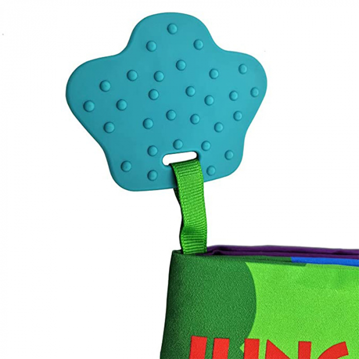 Carte senzoriala fosnitoare pentru bebelusi, cu animalute colorate colorate si inel din silicon pentru dentitie, Jungly Tails, 22 x 12.5 cm, Edujucarii [6]