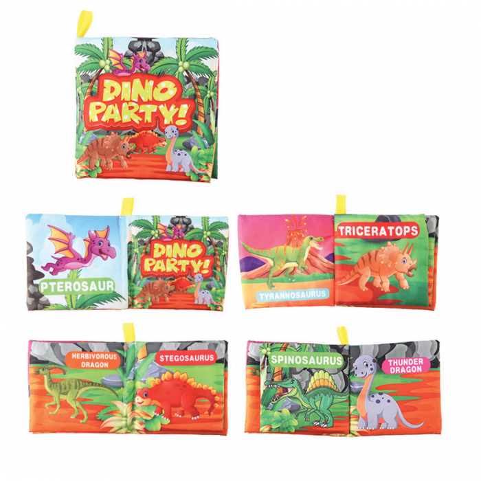 Carte senzoriala fosnitoare pentru bebelusi, cu animalute colorate, Dino Party, 4 pagini, 8 fete, 10 cm x 2,5 cm x 9 cm - EDUJUCARII [1]