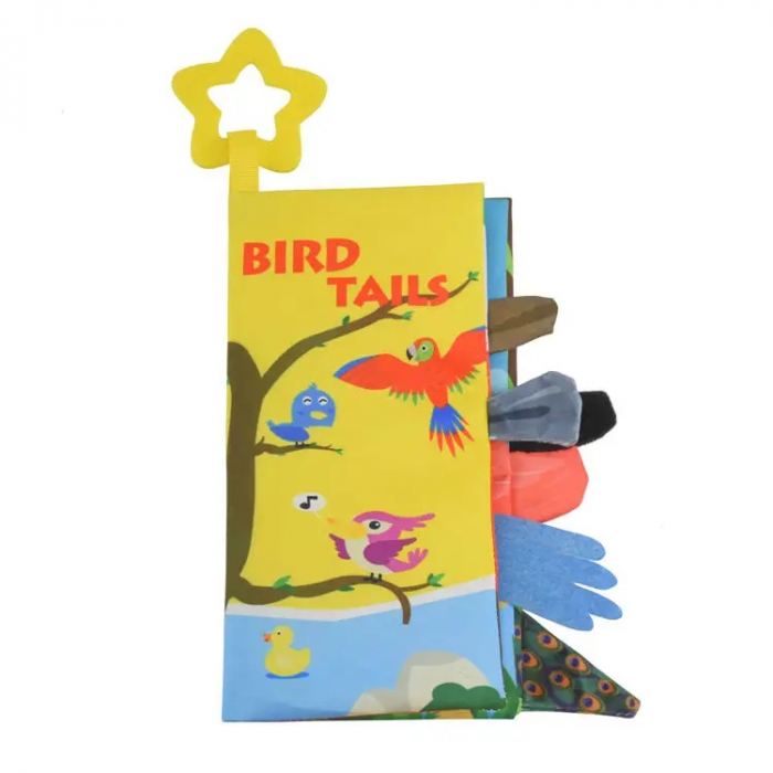 Carte senzoriala fosnitoare pentru bebelusi, cu pasari colorate si inel din silicon pentru dentitie, Bird Tails, 22 x 12.5 cm, Edujucarii [1]