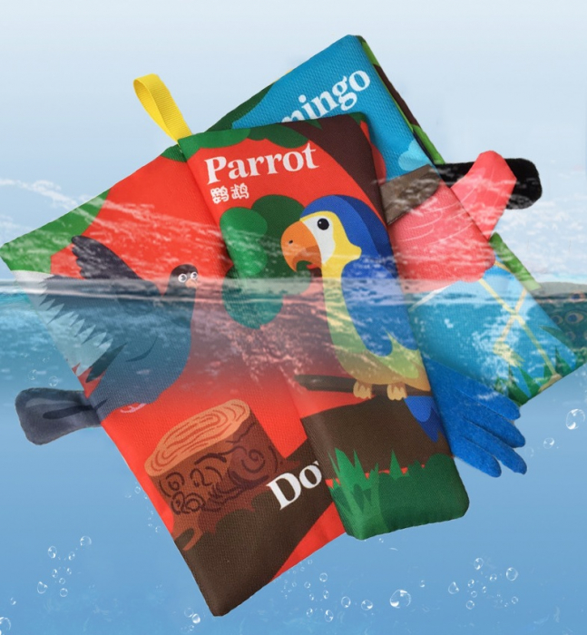 Carte senzoriala fosnitoare pentru bebelusi, cu pasari colorate si inel din silicon pentru dentitie, Bird Tails, 22 x 12.5 cm, Edujucarii [3]