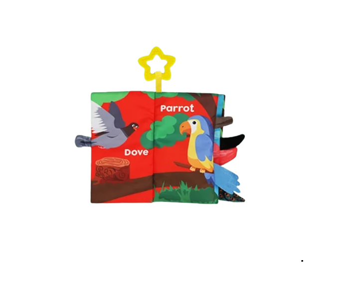 Carte senzoriala fosnitoare pentru bebelusi, cu pasari colorate si inel din silicon pentru dentitie, Bird Tails, 22 x 12.5 cm, Edujucarii [6]