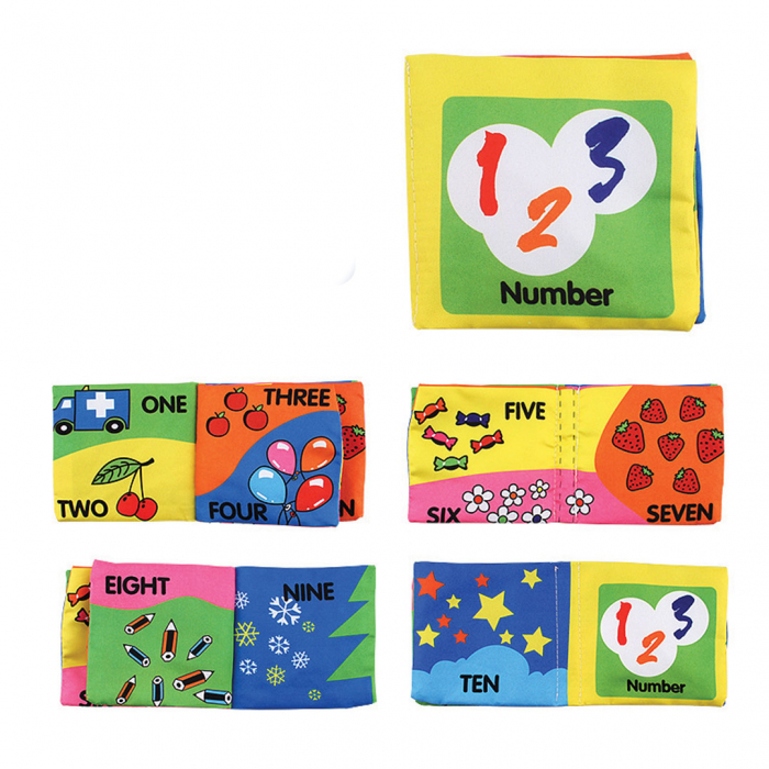 Carte senzoriala fosnitoare pentru bebelusi, cu animalute colorate, Numere, 4 pagini, 8 fete, 10 cm x 2,5 cm x 9 cm - EDUJUCARII [1]