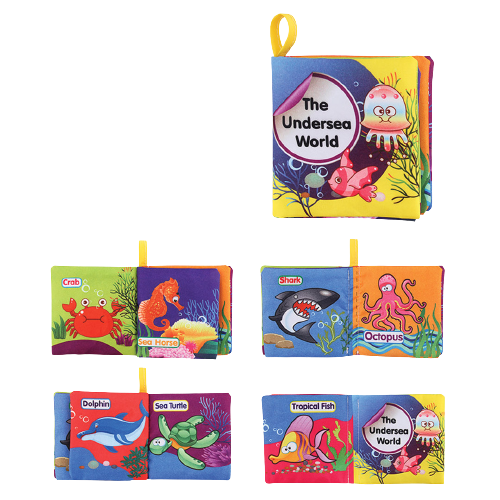 Carte senzoriala fosnitoare pentru bebelusi, cu animalute colorate, Undersea world, 4 pagini, 8 fete, 10 cm x 2,5 cm x 9 cm - EDUJUCARII [1]