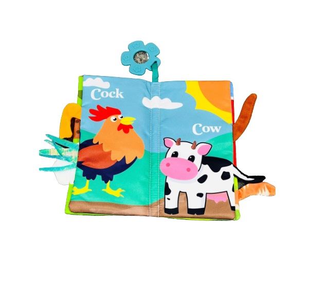 Carte senzoriala fosnitoare pentru bebelusi, cu animalute colorate colorate si inel din silicon pentru dentitie, Farm Tails, 22 x 12.5 cm, Edujucarii [5]
