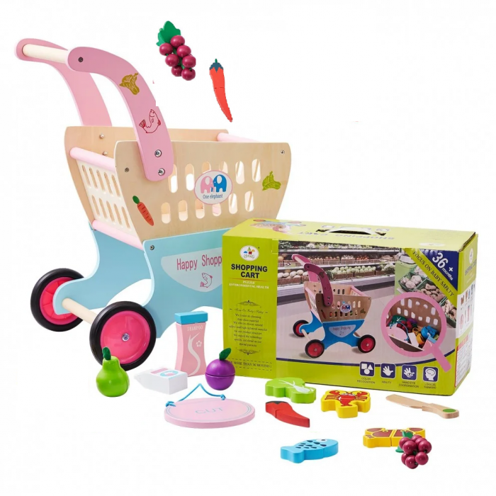 Carucior de cumparaturi din lemn cu accesorii, jucarie de tras si de impins pentru copii [6]