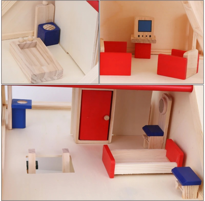 Casuta de papusi din lemn  cu 4 seturi de mobilier, 2 nivele, 20 de piese de mobilier in miniatura, 3 ani + [5]