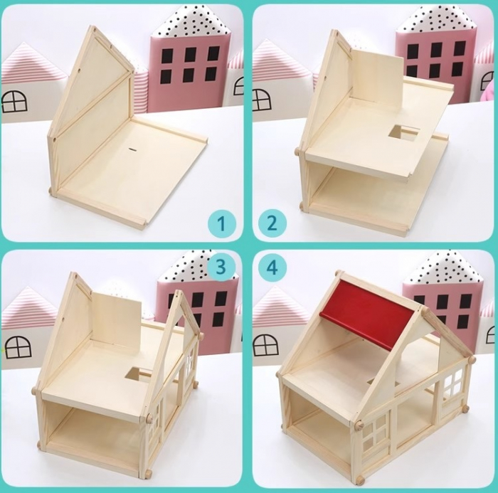Casuta de papusi din lemn  cu 4 seturi de mobilier, 2 nivele, 20 de piese de mobilier in miniatura, 3 ani + [6]