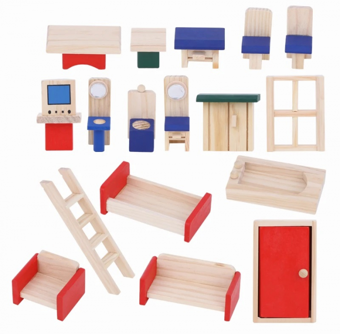 Casuta de papusi din lemn  cu 4 seturi de mobilier, 2 nivele, 20 de piese de mobilier in miniatura, 3 ani + [2]